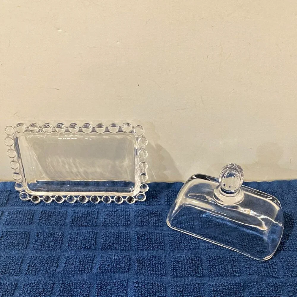 Clear Glass Butter Dish Tiny Candlewick Beaded Very Small - Picture 2 of 4
